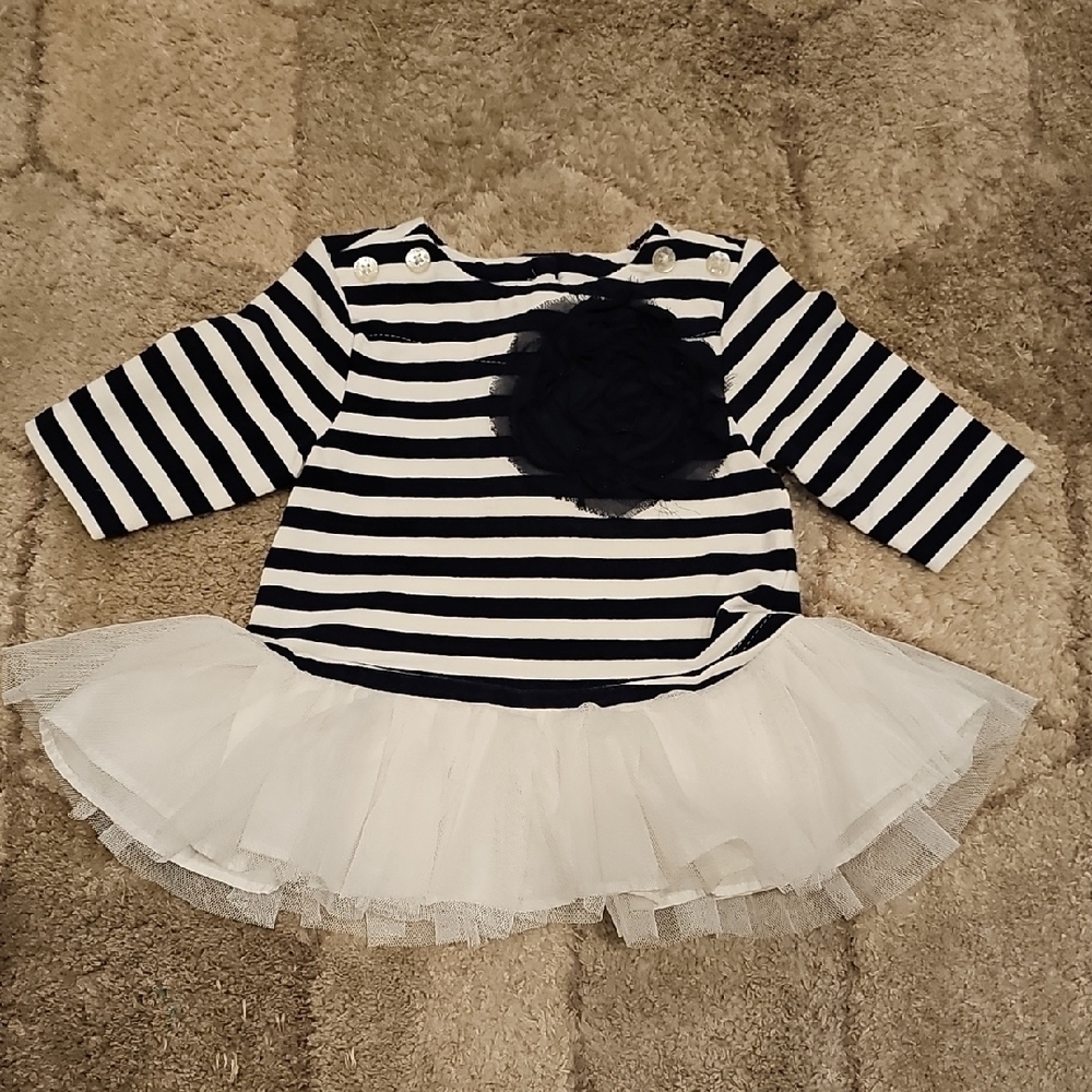 Striped Navy and White Baby Dress with Tulle Skirt - Picture 1 of 4